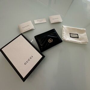 Gucci Quilted Black Card Holder with Gold Logo